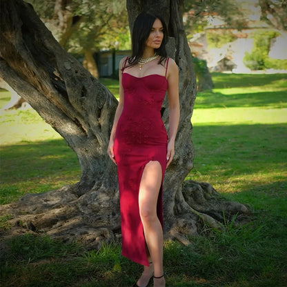 Long Dress with Thin Straps and Flower Appliques for Women