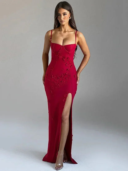 Long Dress with Thin Straps and Flower Appliques for Women
