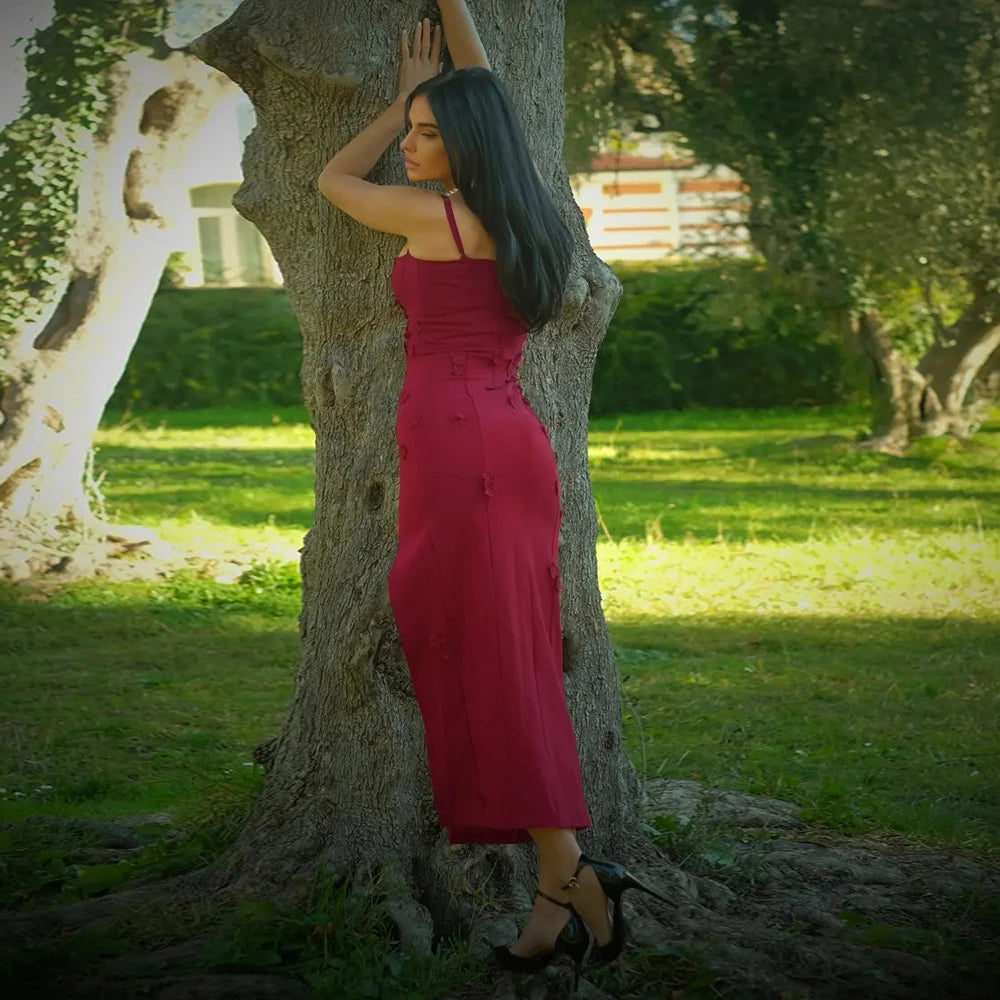 Long Dress with Thin Straps and Flower Appliques for Women