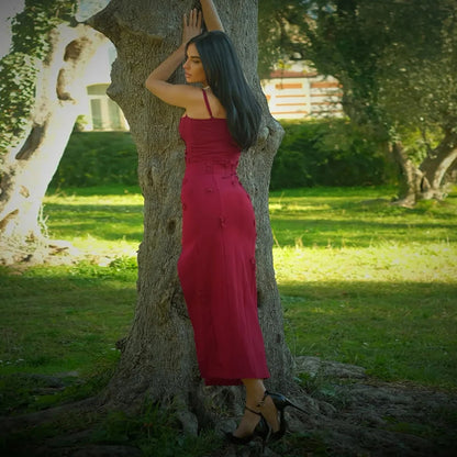 Long Dress with Thin Straps and Flower Appliques for Women