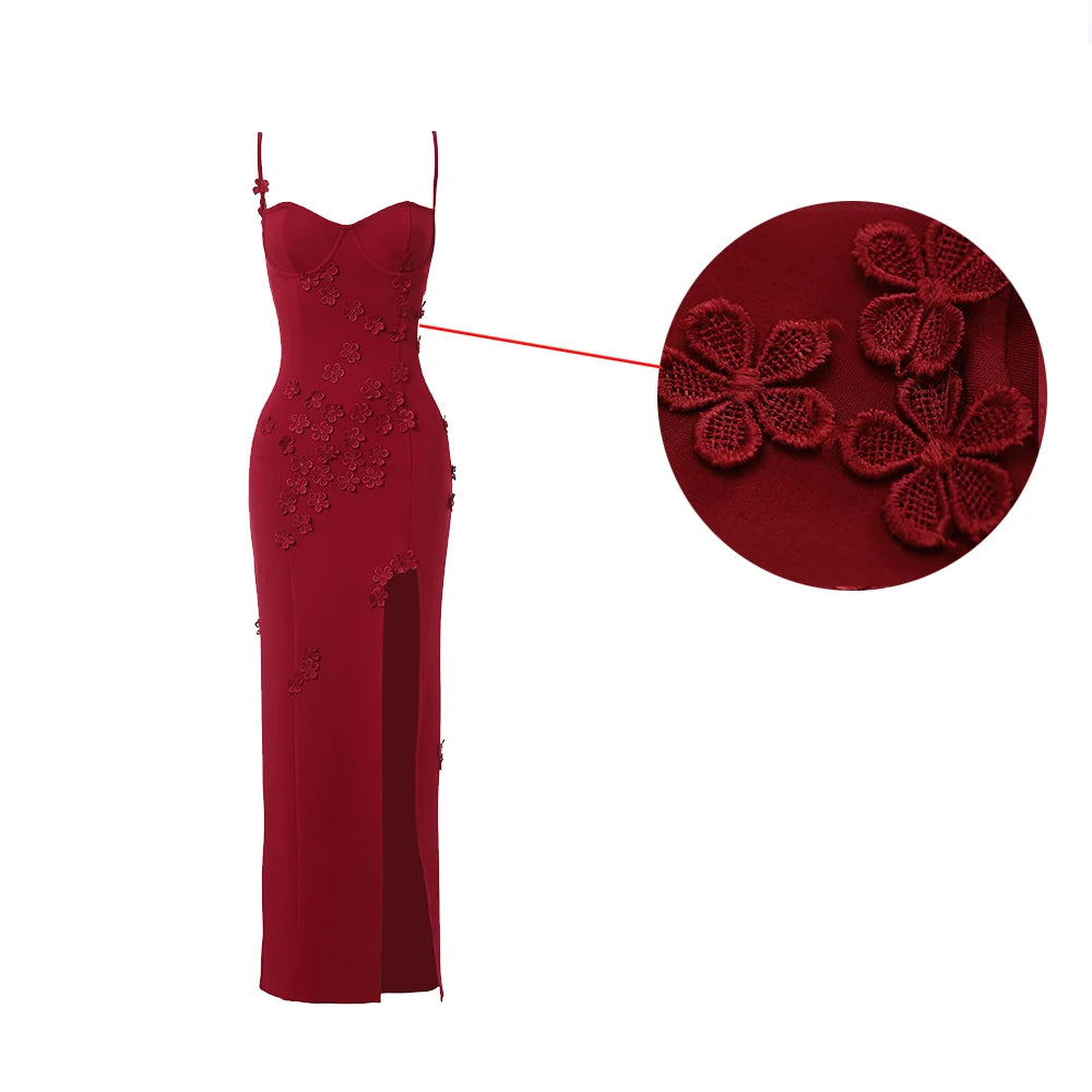 Long Dress with Thin Straps and Flower Appliques for Women